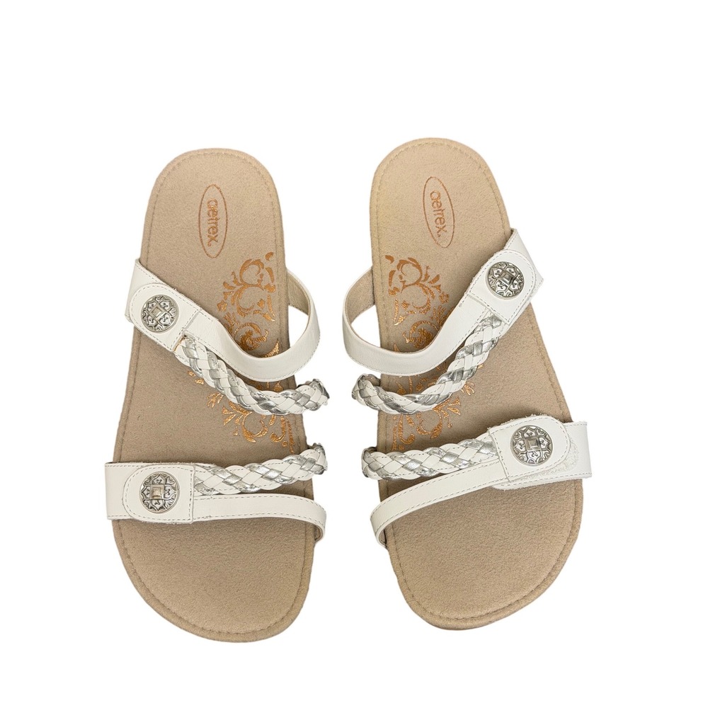 Aetrex Janey Sandals Womens 10 White Leather Braided Metallic Slide Wedge SC533W - Picture 2 of 6